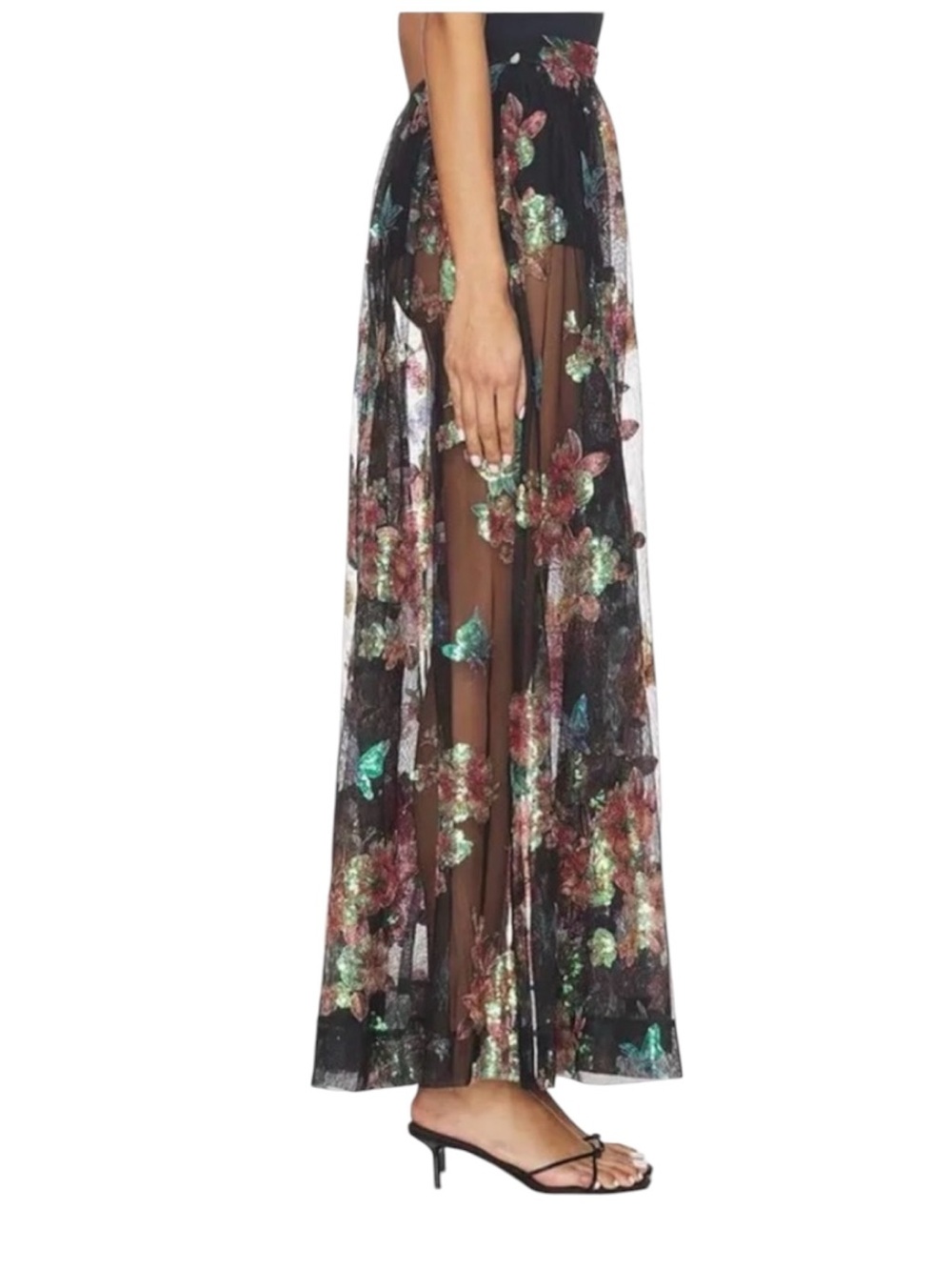 Free People Fioritura Sequin Floral Sheer Maxi Skirt Black Multi Size 4 NWT - Picture 8 of 8